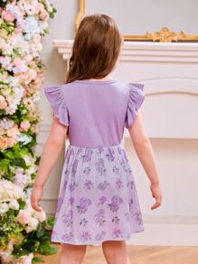 Toddler Girls Floral Print Ruffle Trim Bow Front Dress - Purple - View 2