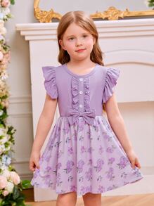 Toddler Girls Floral Print Ruffle Trim Bow Front Dress - Purple - View 3
