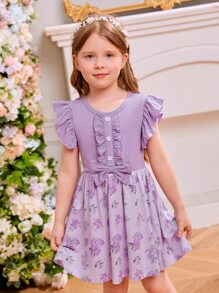 Toddler Girls Floral Print Ruffle Trim Bow Front Dress - Purple - View 4
