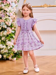 Toddler Girls Floral Print Ruffle Trim Bow Front Dress - Purple - View 5
