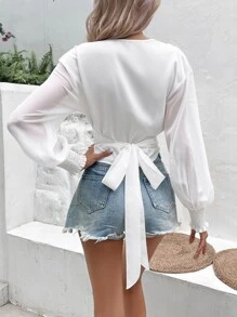 SHEIN VCAY Blouse courte croisé à nœud - Blanc - Voir 2