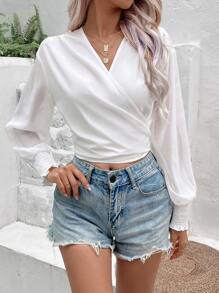 SHEIN VCAY Blouse courte croisé à nœud - Blanc - Voir 4