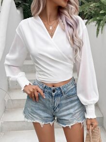 SHEIN VCAY Blouse courte croisé à nœud - Blanc - Voir 5