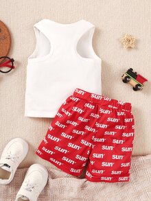 男嬰包和字母圖案背心上衣和短褲 - 紅白色 - 查看 2