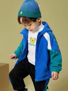 小男童字母刺繡插肩袖袋鼠口袋連帽外套