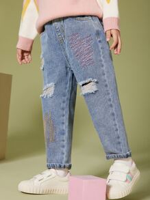 Jeans casuales para chicas jóvenes con dobladillo enrollado para el otoño - Azul lavado medio - Ver 1