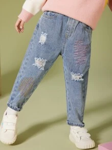 Jeans casuales para chicas jóvenes con dobladillo enrollado para el otoño - Azul lavado medio - Ver 3