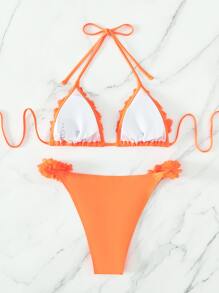 Appliques Halter Triangle Summer Beach Bikini Set - Burnt Orange - View 4