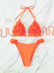 Appliques Halter Triangle Summer Beach Bikini Set - Burnt Orange - View 5