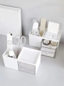 1pc White Desktop Pen Storage Box, Nordic Plain Color Plastic Multi-purpose Storage Box For Office, School - White - View 1
