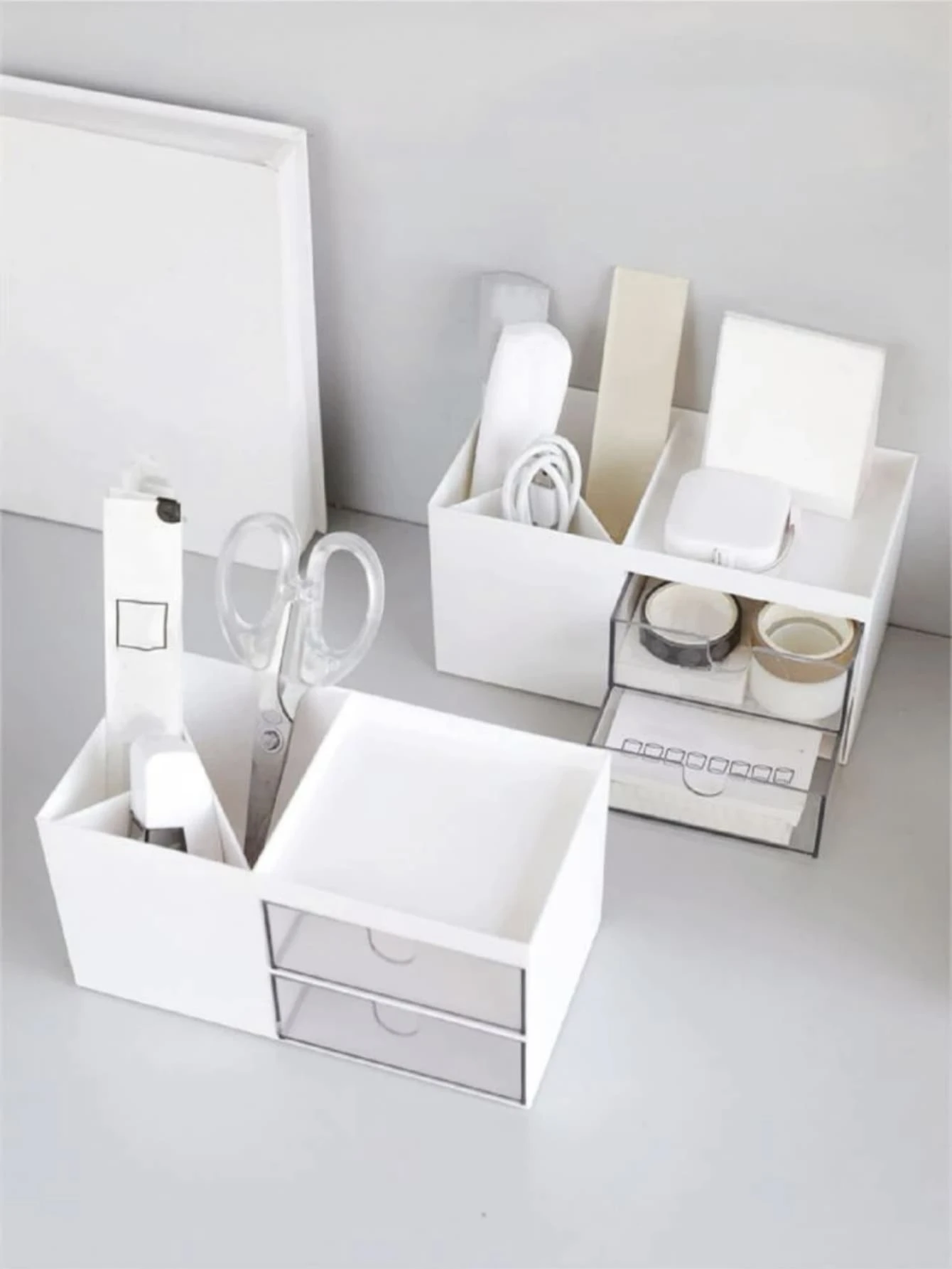 1pc White Desktop Pen Storage Box, Nordic Plain Color Plastic Multi-purpose Storage Box For Office, School - White - View 1