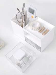 1pc White Desktop Pen Storage Box, Nordic Plain Color Plastic Multi-purpose Storage Box For Office, School - White - View 3