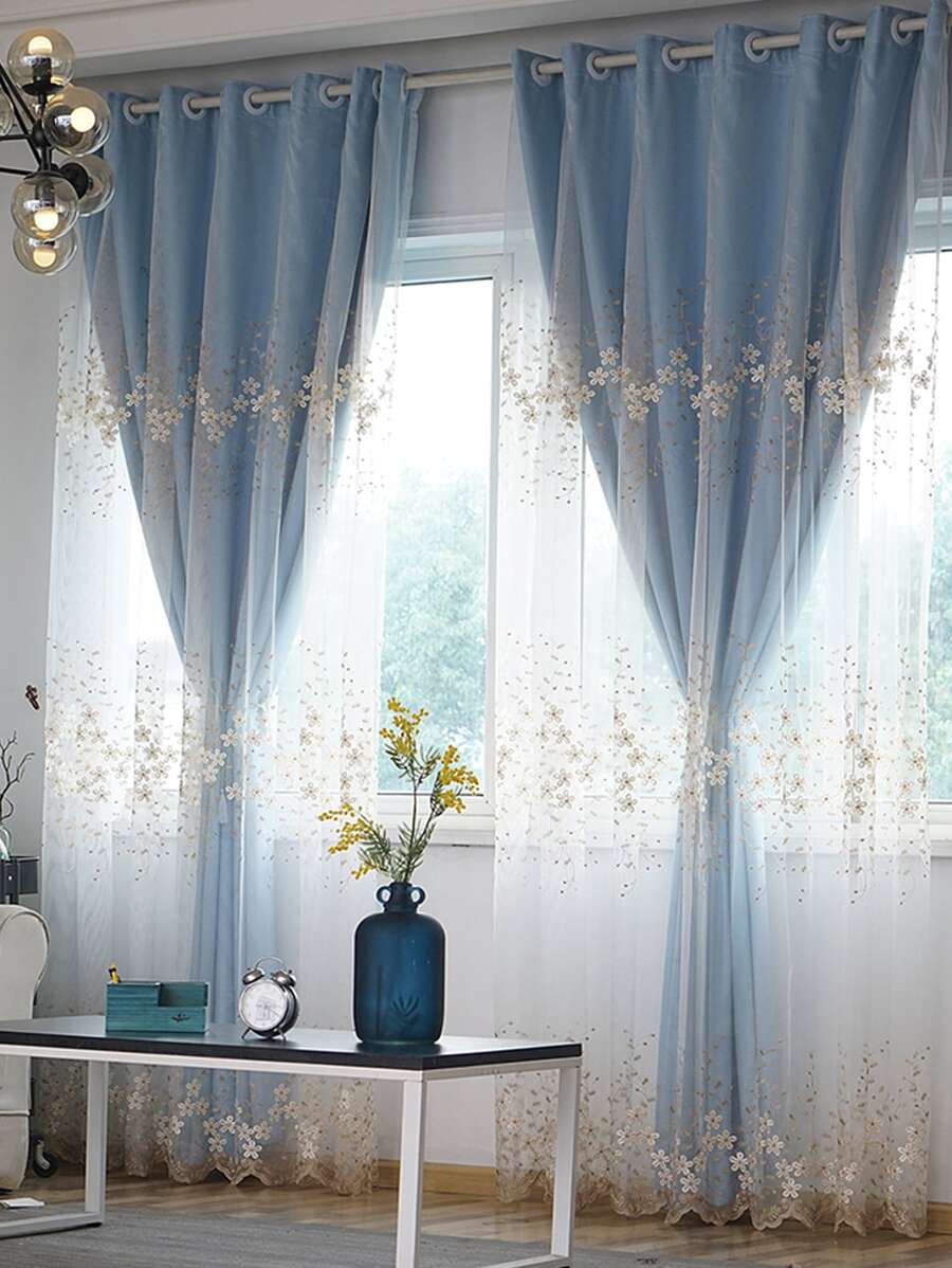 Flower Embroidery Single Panel Curtain, Double Layer Polyester Textured Blackout Curtain For Bedroom And Living Room, All Season - Multicolor - View 1