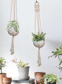 1 件装织物植物挂架，波西米亚风珠饰和流苏装饰编织悬挂花盆篮，适合室内和室外