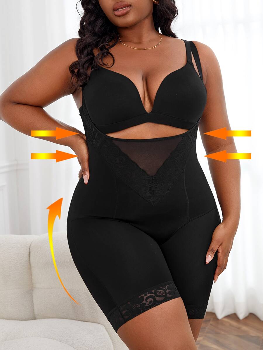 Plus Contrast Lace Shapewear Unitard Romper - Black - View 1
