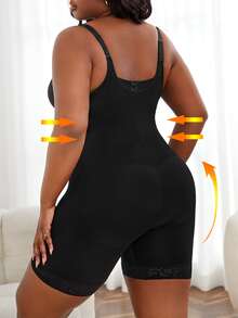 Plus Contrast Lace Shapewear Unitard Romper - Black - View 2