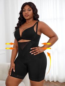 Plus Contrast Lace Shapewear Unitard Romper - Black - View 3