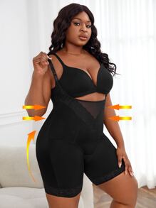Plus Contrast Lace Shapewear Unitard Romper - Black - View 4