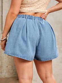 SHEIN Frenchy Plus High Waist Plicated Detail Denim Shorts - Light Wash - View 3