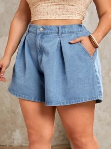 SHEIN Frenchy Plus High Waist Plicated Detail Denim Shorts - Light Wash - View 4