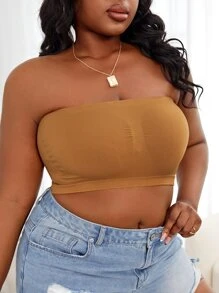Plus Size Khaki Plain Ruched Bust Strapless Medium Stretch Casual Bra