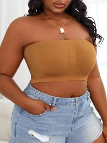 Plus Size Khaki Plain Ruched Bust Strapless Medium Stretch Casual Bra