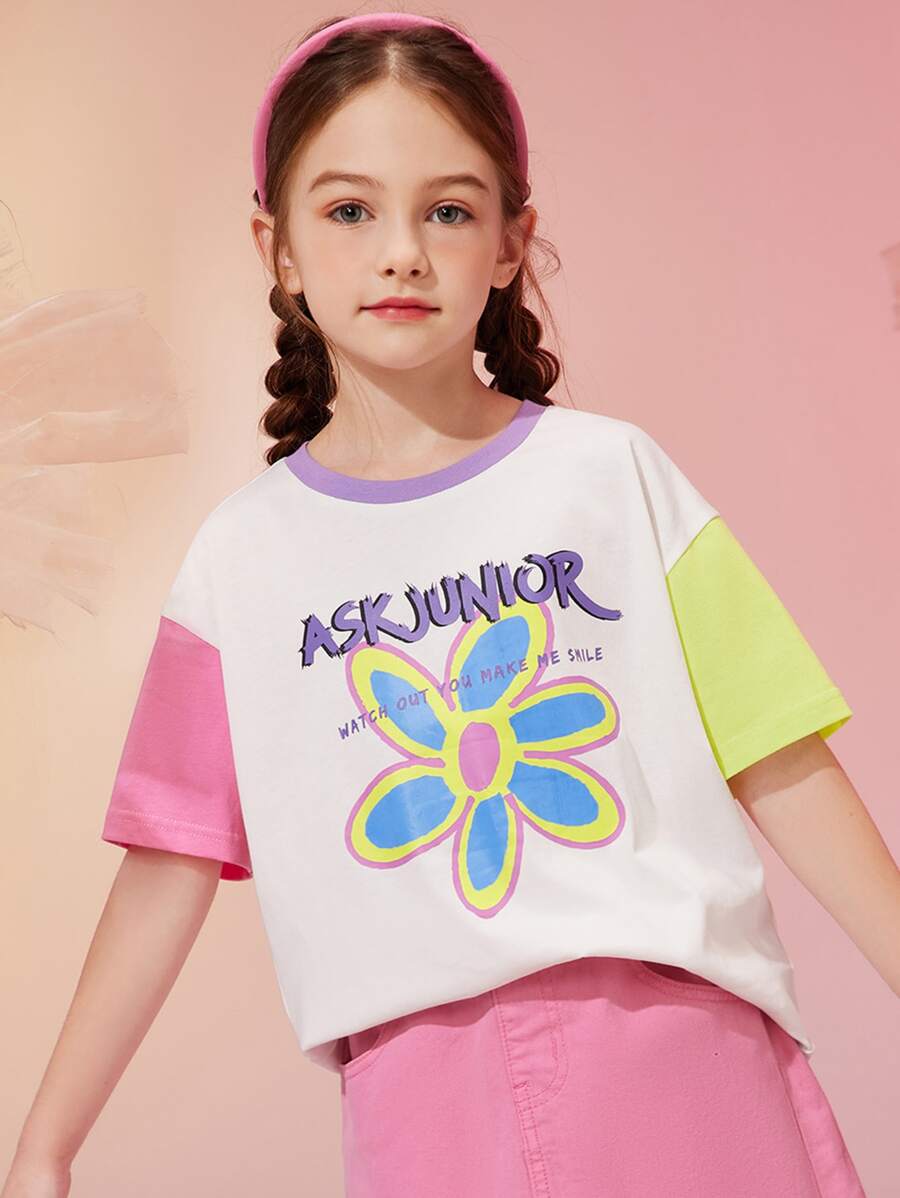 女大童花卉和字母圖案撞色落肩T恤 - 白色 - 查看 1