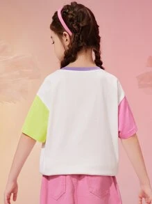 女大童花卉和字母圖案撞色落肩T恤 - 白色 - 查看 2