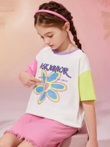 女大童花卉和字母圖案撞色落肩T恤 - 白色 - 查看 3