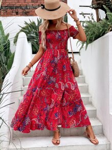 SHEIN VCAY Paisley Print Off Shoulder Dress - Red - View 5