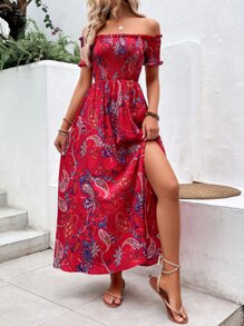 SHEIN VCAY Paisley Print Off Shoulder Dress - Red - View 4