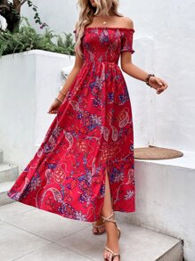 SHEIN VCAY Paisley Print Off Shoulder Dress - Red - View 2