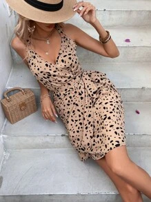 SHEIN LUNE Đầm Thắt nút Trọn gói Tất cả trên in Giải trí - Màu Khaki - Xem 6