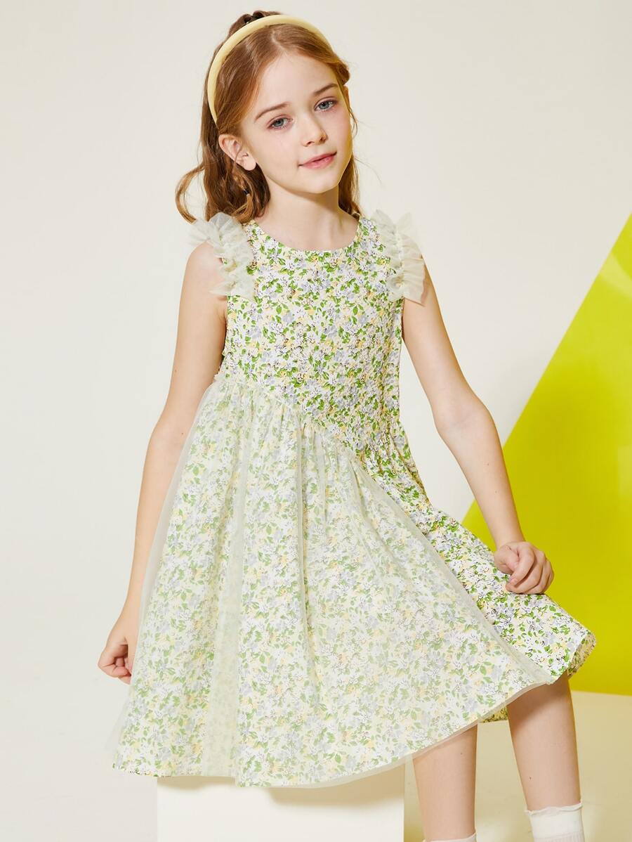 Tween dziewczynka Wzór w kwiaty Karbowane wykończenie Panel z siatki Sukienki