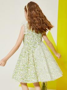 Tween dziewczynka Wzór w kwiaty Karbowane wykończenie Panel z siatki Sukienki