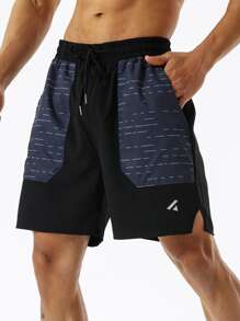 Gym Rark Men Striped Drawstring Waist Split Hem Sports Shorts - Black - View 1