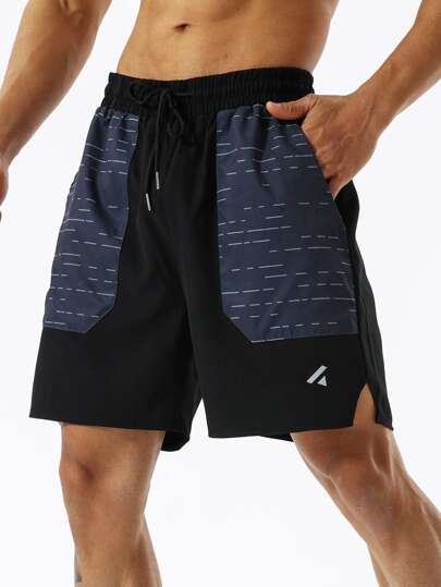 Manfinity Sport Corelite 男士條紋圖案腰部抽繩下擺開叉運動短褲