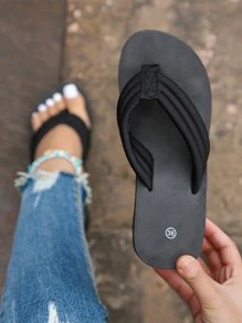 簡約風和休閒黑色夏天坡跟跟女士拖鞋帶布帶和T型鞋面 - 黑色 - 查看 3