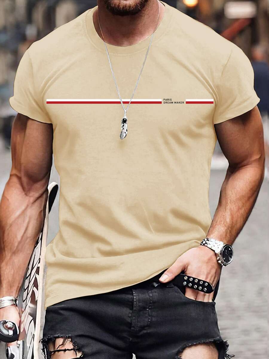 Manfinity Homme Áo thun & Áo lót Nam Lá thư Sọc Giải trí - Màu Khaki - Xem 1