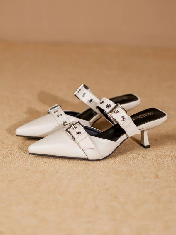 Fashion Double Buckle Point Toe Mule Slip-On High Heel Shoes, Apricot Color Versatile Elegant Sexy Stiletto Slide Sandals For Women, Spring & Autumn