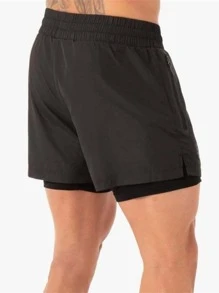 Running 男士腰部抽繩假兩件運動短褲 - 黑色 - 查看 2