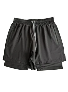 Running 男士腰部抽繩假兩件運動短褲 - 黑色 - 查看 4