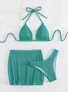 SHEIN Swim Summer Beach 3packs Striped Halter Triangle High Cut Bikini Set & Beach Skirt - Baby Blue - View 3