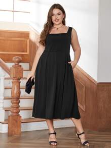 Plus Solid Slant Pocket Dress - Black - View 1
