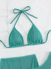 SHEIN Swim Summer Beach 3packs Striped Halter Triangle High Cut Bikini Set & Beach Skirt - Baby Blue - View 6