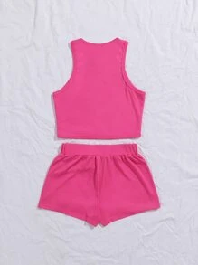 SHEIN EZwear Bộ đồ hai mảnh nữ Gân đan màu trơn Giải trí - Màu Hồng Tươi - Xem 2