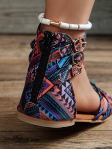 Women Multi-color Geometric Pattern Flat Sandals, Vacation Outdoor Gladiator Sandals - Multicolor - View 4