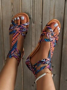 Women Multi-color Geometric Pattern Flat Sandals, Vacation Outdoor Gladiator Sandals - Multicolor - View 7