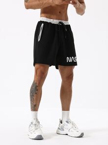 Manfinity Sport Corelite Men Letter Graphic Drawstring Waist Sports Shorts - Black - View 3