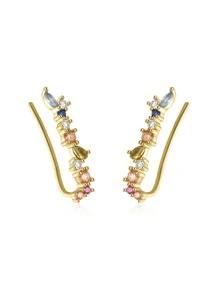 立方氧化鋯鑲嵌銀質耳針，女士婚禮精緻珠寶配件假日禮品 - 金黃色 - 查看 3